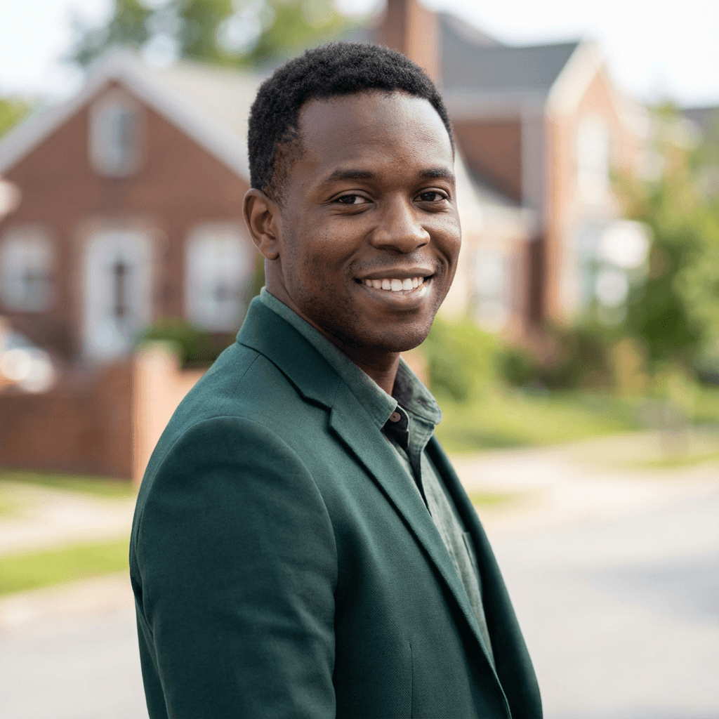 Daniel M. in a casual button-up, photographed in a Toronto apartment entrance
