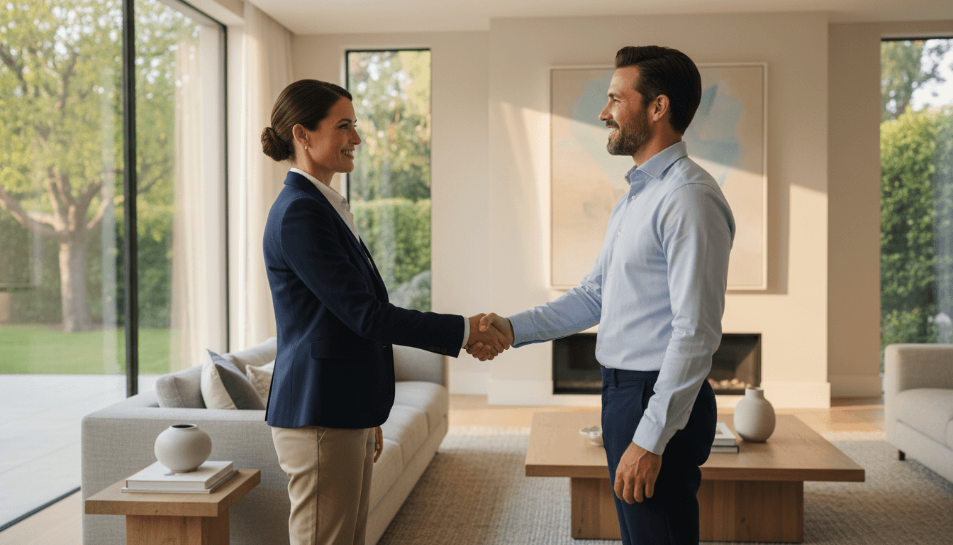 Property manager shaking hands with a homeowner in a sunlit apartment