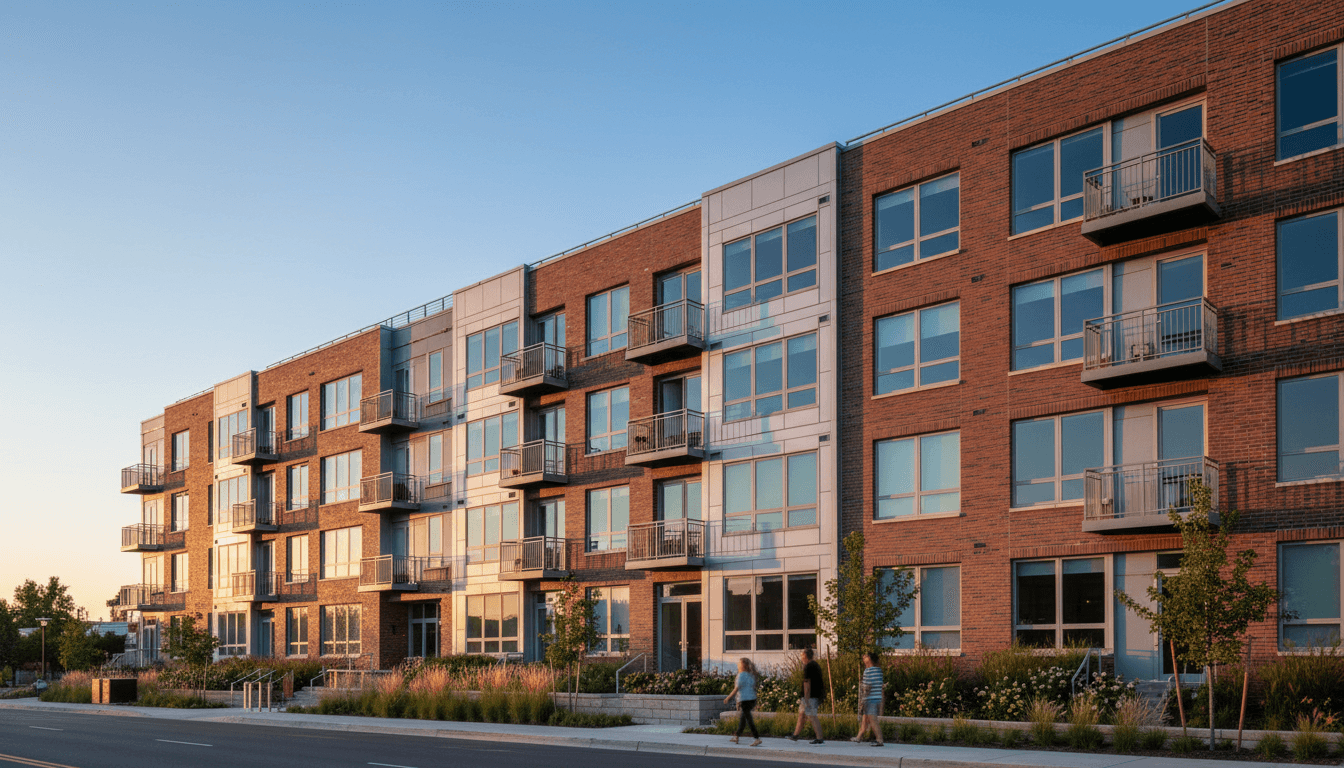 Modern mid-rise apartment building with balconies