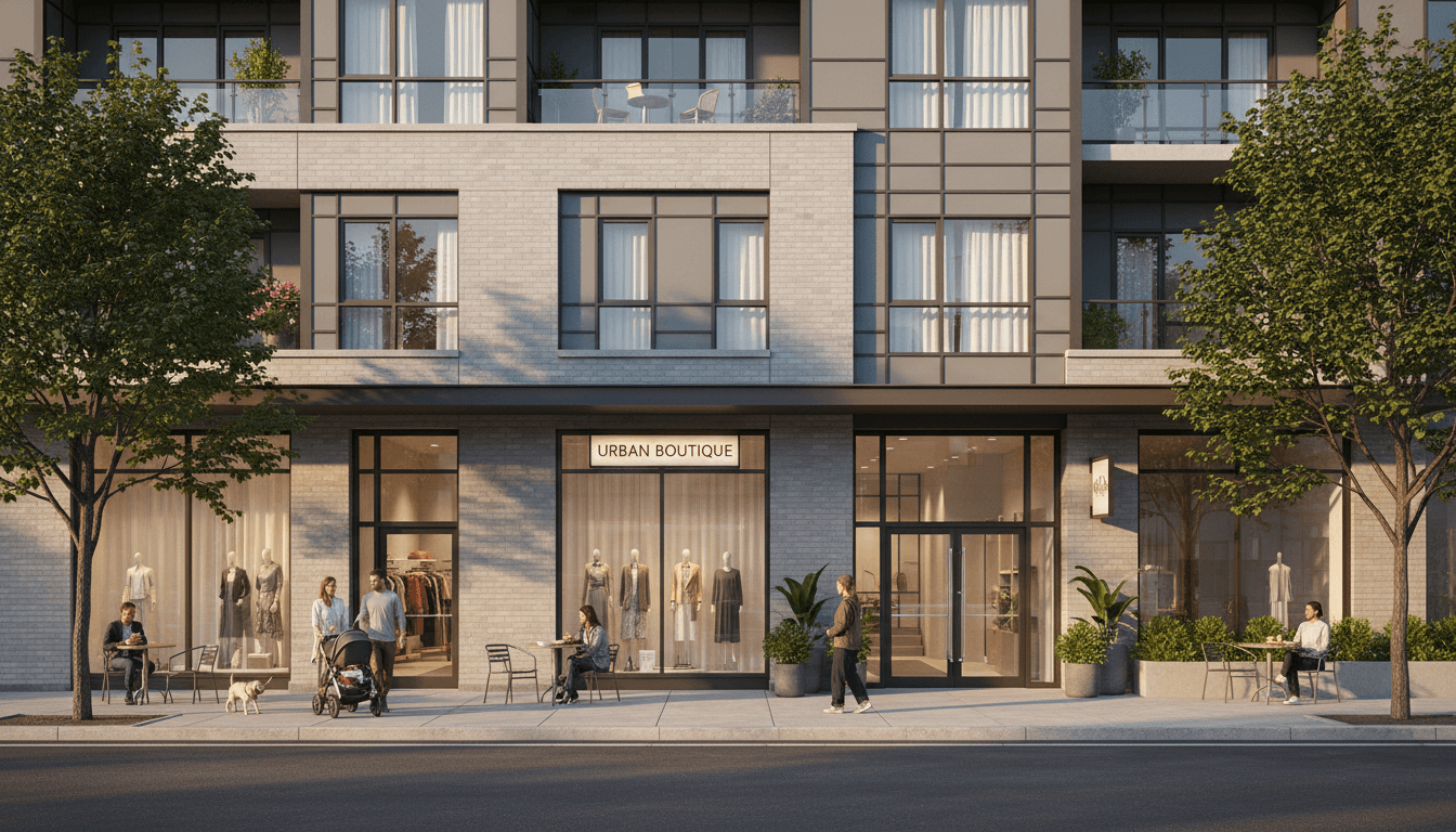 Triplex building with common entrance and shrubs